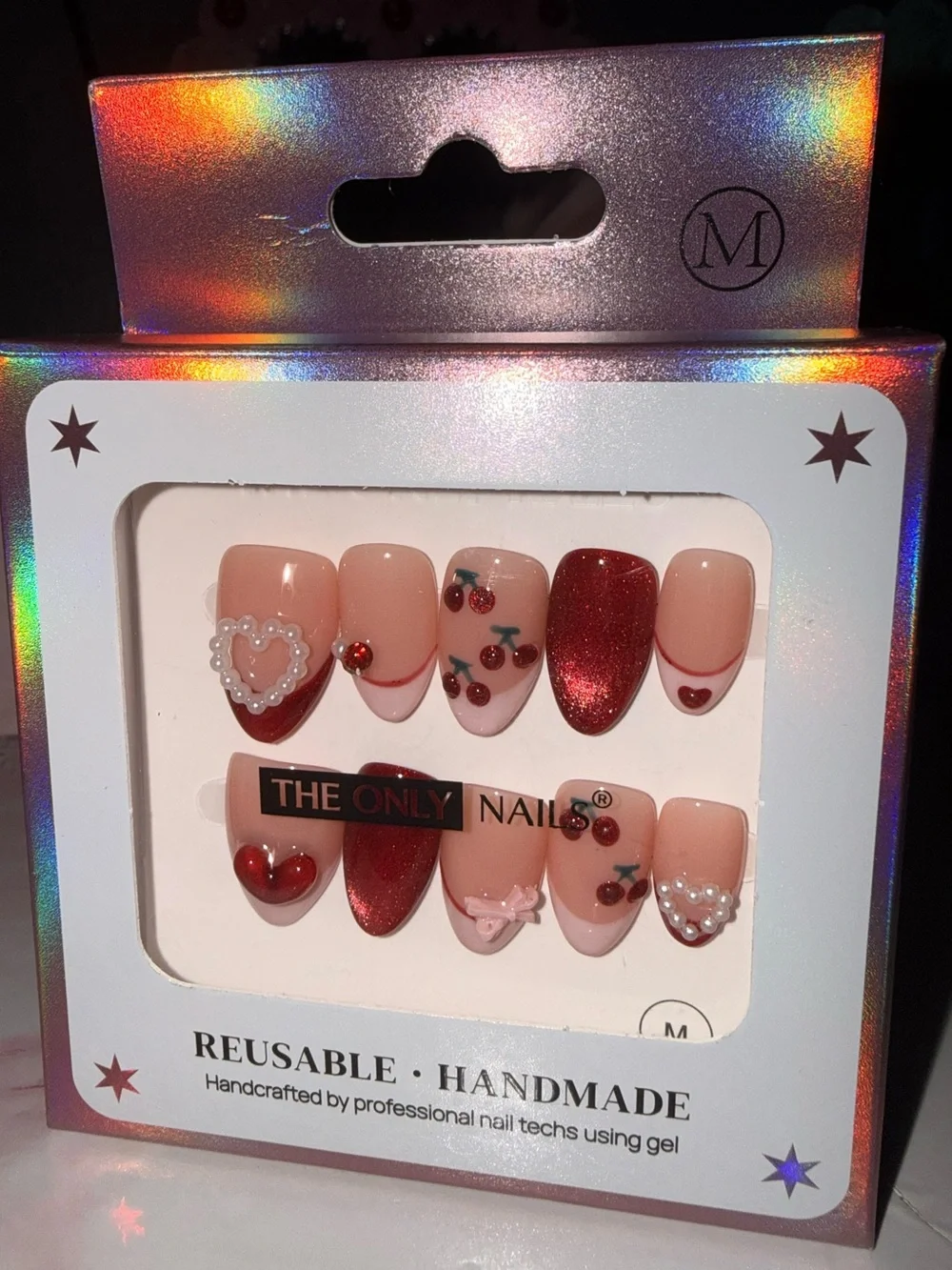 The Only Nails Reusable Handmade Pink & Red Cherry Heart Press-On Set